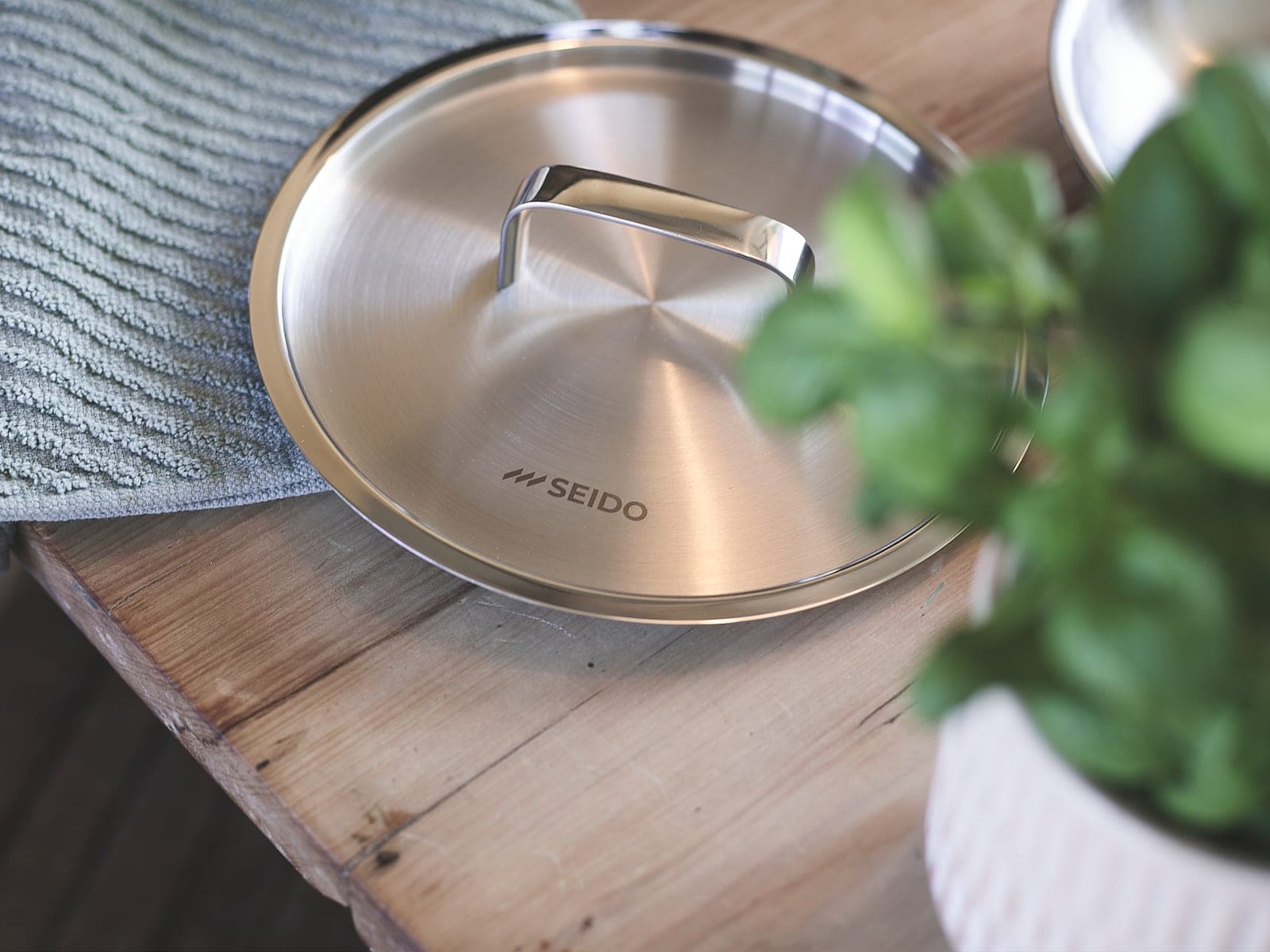 The stainless steel lid, close up, beside a pot of basil