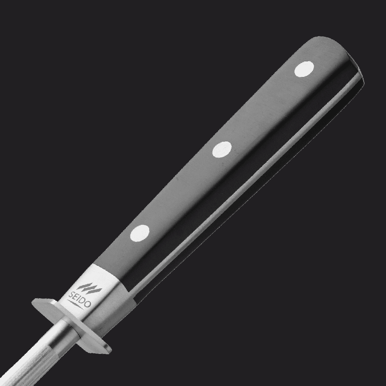 SEIDO honing steel with a riveted black handle, on a dark background